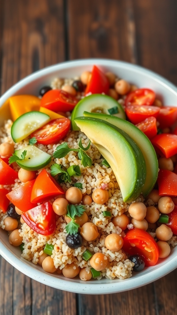 A colorful quinoa bowl with tomatoes, cucumber, bell pepper, avocado, and chickpeas, garnished with herbs on a wooden table.